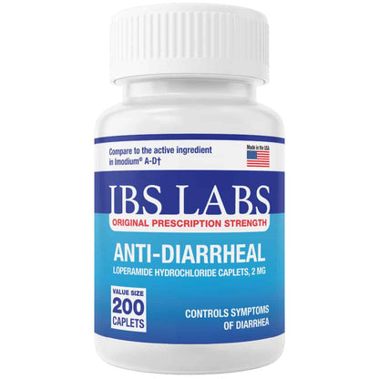 IBS LABS Anti-Diarrheal Caplets, Diarrhea Relief Loperamide 2mg, 200 Caplets in Bottle